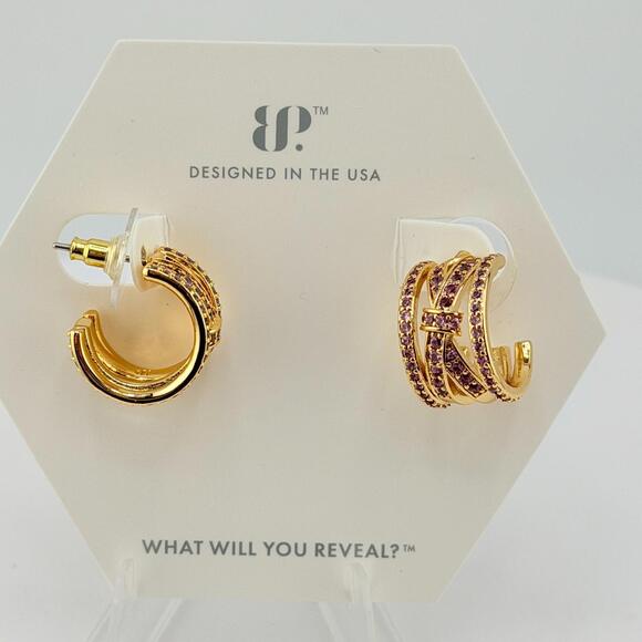 Bomb Party Hoop Earring “Luxe Is All You Need” Pink Corundum on Gold BOW Huggies - Picture 5 of 7